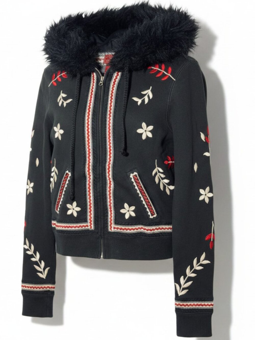 Vintage Lucky Brand Black/Red/White Embroidered Hoodie Small Faux Fur Hood Boho